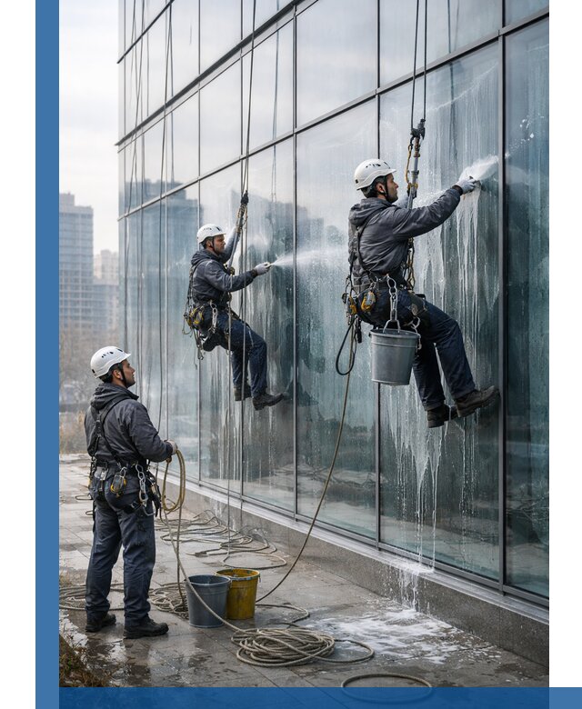 Промышленная мойка панорамных окон на высоте в Нефтекамске