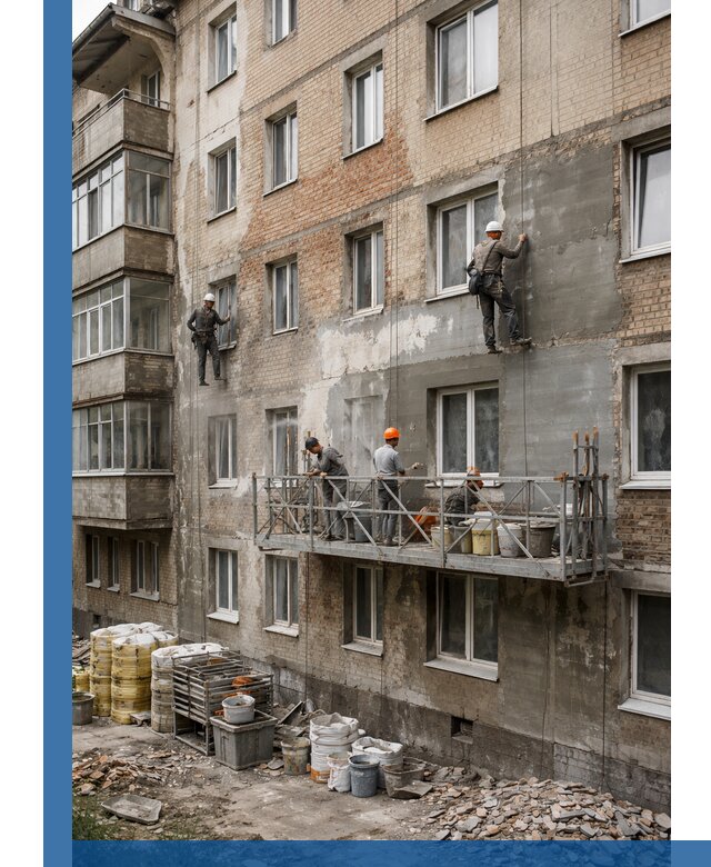 Капитальный ремонт фасада в Нефтекамске с восстановлением и гидроизоляцией