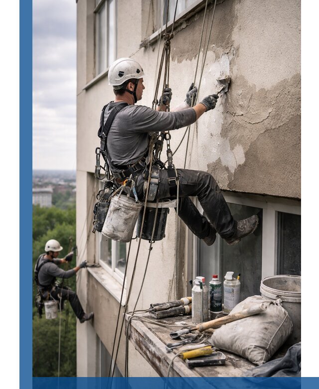 Косметический ремонт фасада зданий в Нефтекамске промышленными альпинистами