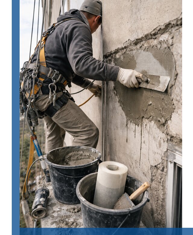 Ремонт бетонных элементов фасада промышленными альпинистами в Нефтекамске