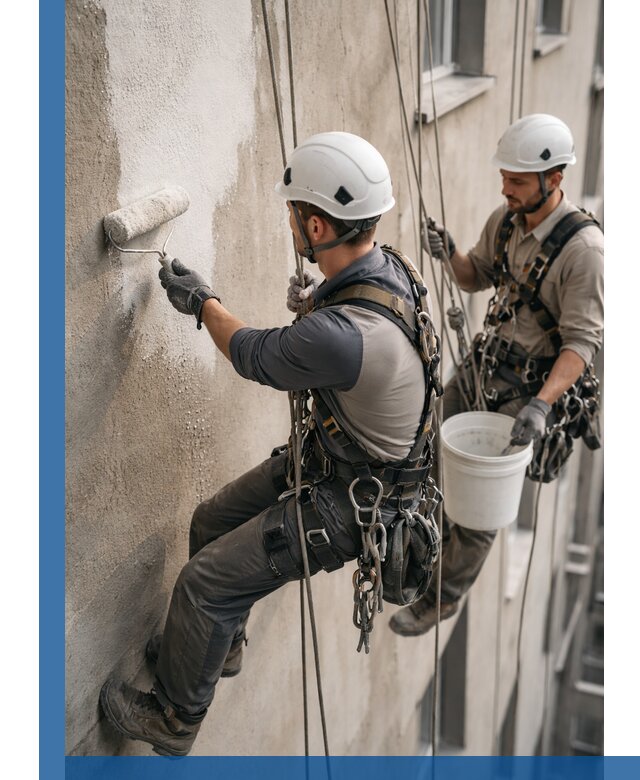 Грунтовка фасада на высоте в Нефтекамске промышленными альпинистами