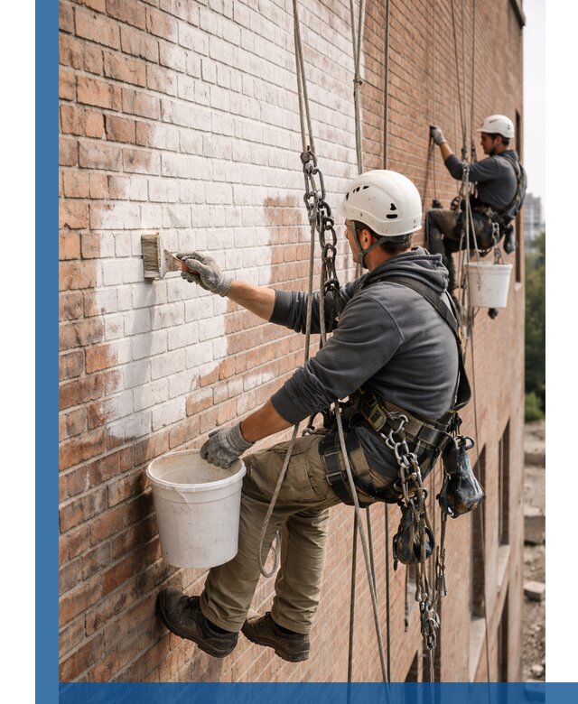 Покраска кирпичного фасада с доступным альпинистским сервисом в Нефтекамске