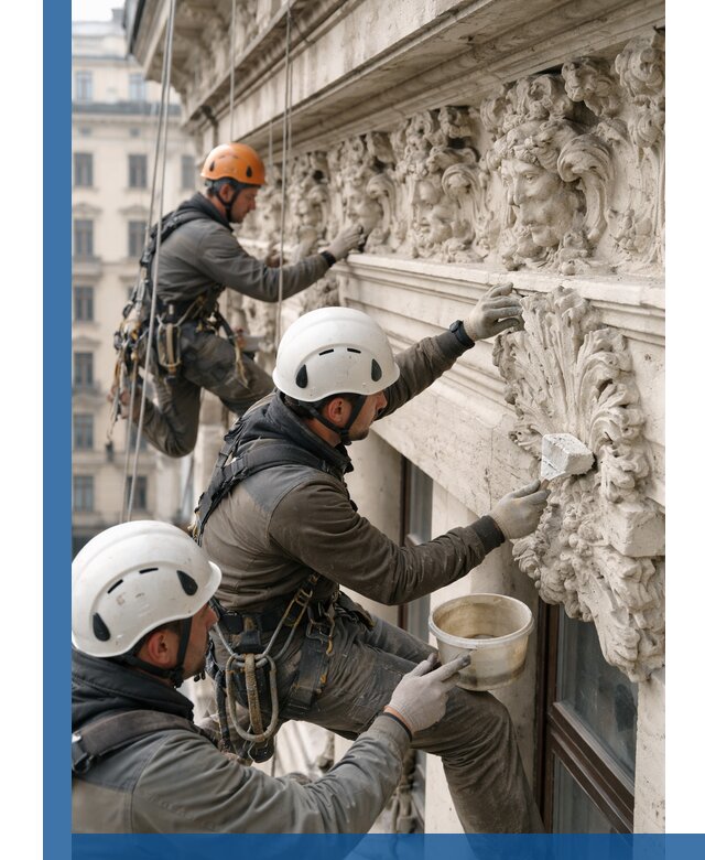 Реставрация фасадной лепнины с высотными работами в Нефтекамске