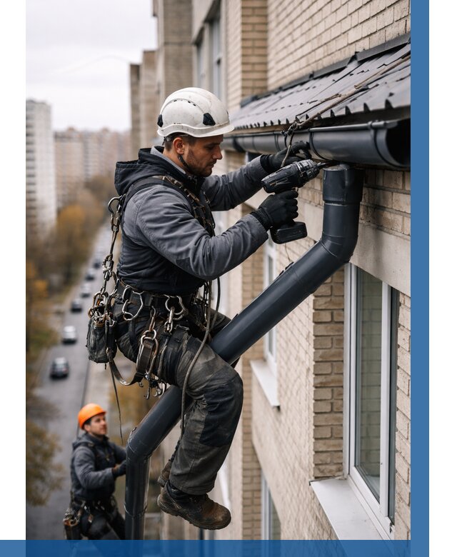 Монтаж водосточной системы на здании в Нефтекамске от 5134 р. | ВЫСОТНИК-Нтк