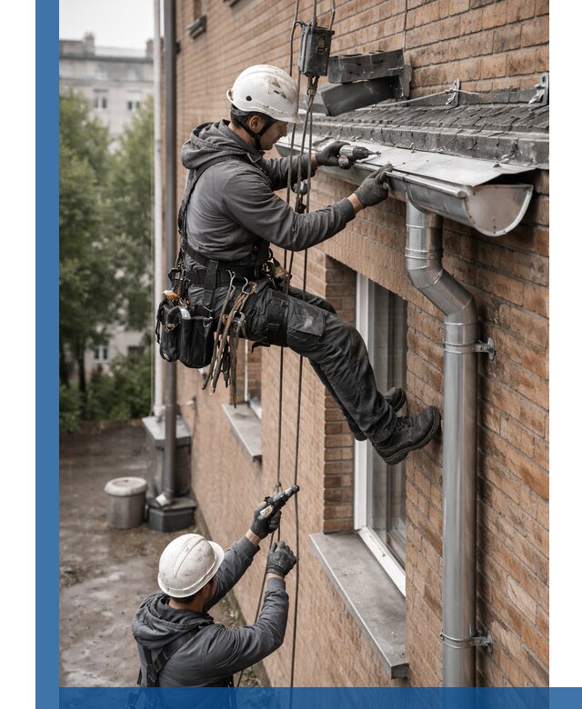 Монтаж водосточной системы на здании в Нефтекамске под ключ