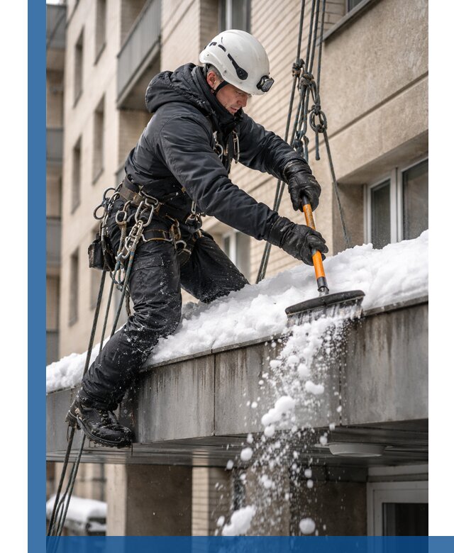 Очистка козырьков от снега в Нефтекамске круглогодично безопасно