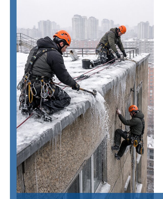 Удаление наледи с кровли в Нефтекамске промышленными альпинистами