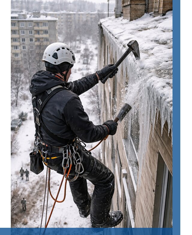 Сбивание сосулек с крыши в Нефтекамске по цене от 4621 р. | ВЫСОТНИК-Нтк