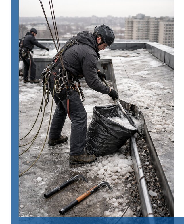 Аварийная очистка кровли в Нефтекамске от промальпинистов