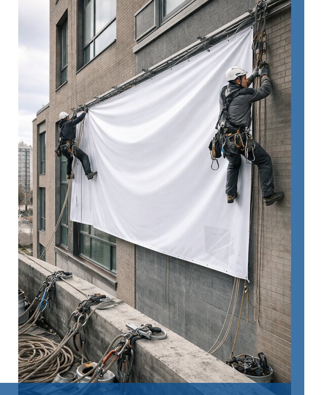 Монтаж баннеров на фасаде в Нефтекамске от 667 р. заказать ВЫСОТНИК-Нтк