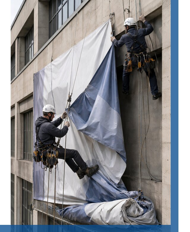 Демонтаж баннеров с фасада в Нефтекамске от 4621 р. | ВЫСОТНИК-Нтк