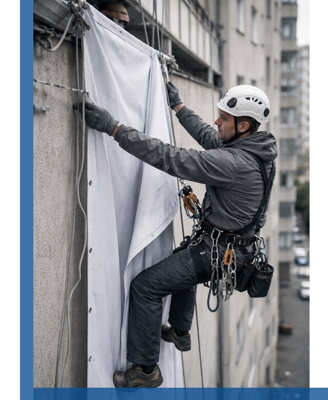 Замена баннерного полотна промышленными альпинистами в Нефтекамске