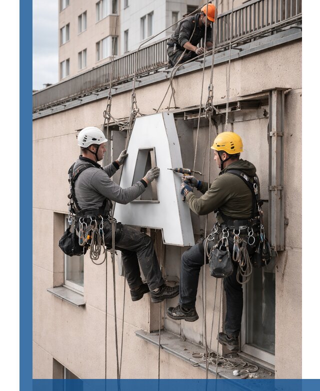 Ремонт и восстановление наружных вывесок на высоте в Нефтекамске