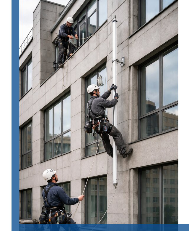 Монтаж флагштока на фасаде здания с креплением и герметикой в Нефтекамске