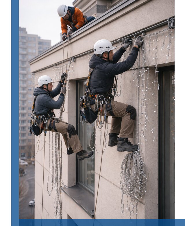 Монтаж праздничных гирлянд на фасаде в Нефтекамске для зданий