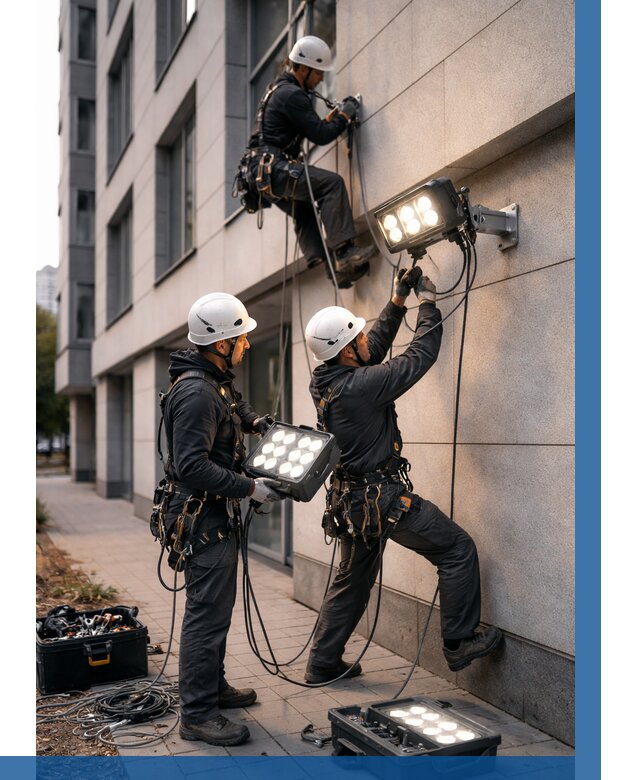 Монтаж прожекторов на фасаде в Нефтекамске от 7701 р. | ВЫСОТНИК-Нтк