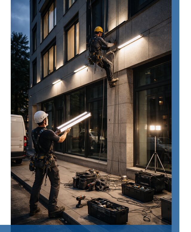 Монтаж архитектурной подсветки здания в Нефтекамске от 2567 р.|ВЫСОТНИК-Нтк