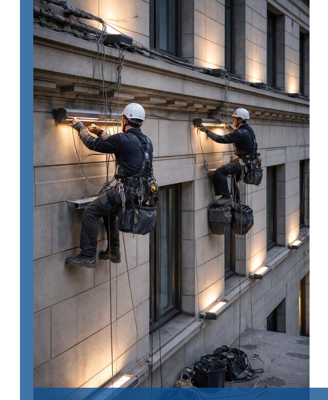 Монтаж архитектурной подсветки фасадов зданий в Нефтекамске