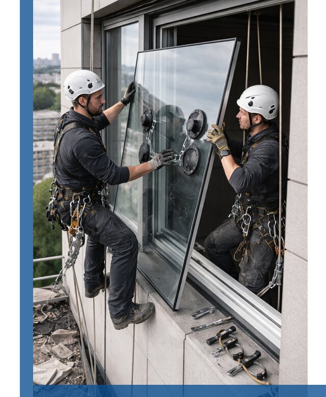 Замена стеклопакетов на высоте с промышленными альпинистами в Нефтекамске