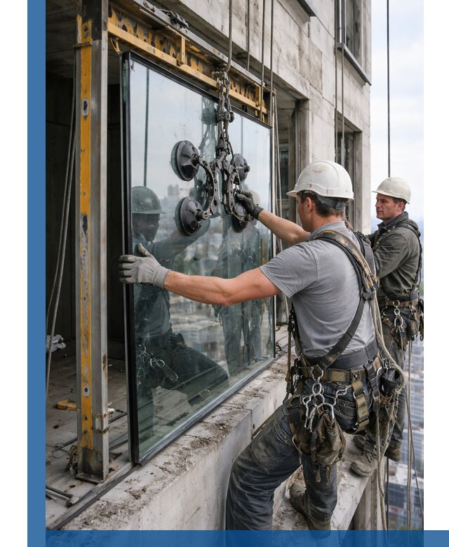 Монтаж стеклопакетов на высоте в Нефтекамске с промышленным альпинизмом