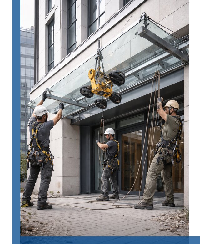 Монтаж стеклянных козырьков под ключ в Нефтекамске для зданий