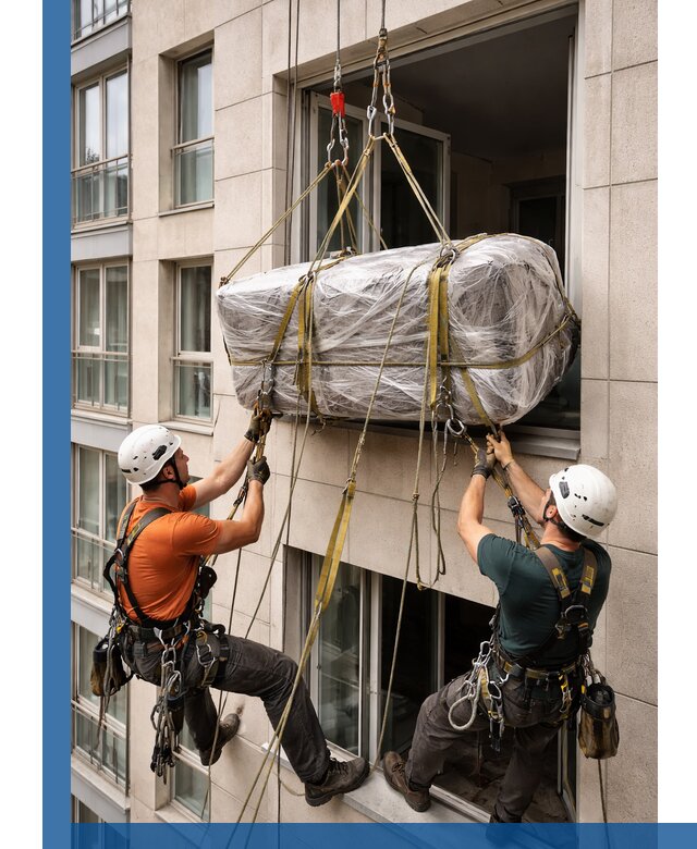 Подъем грузов через окно в Нефтекамске промышленными альпинистами