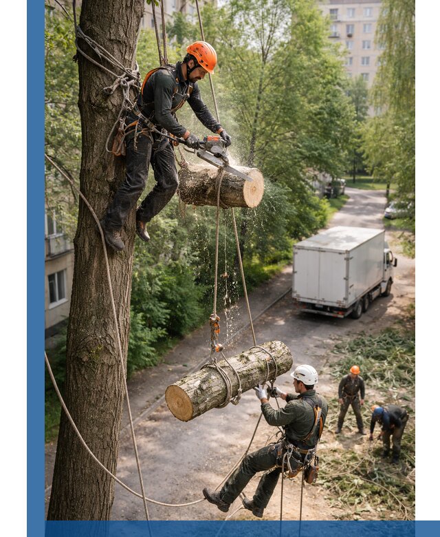 Спил деревьев альпинистами в Нефтекамске, безопасно и без повреждений